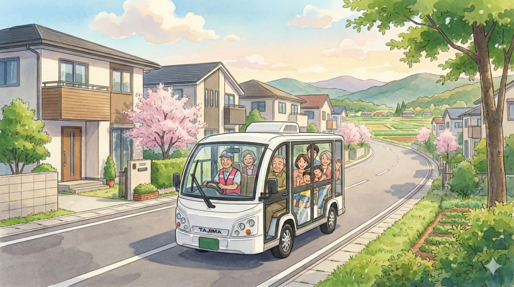 新磯グリスロの地域見守り活動：防犯パトロール車（青パト）として巡回する運行風景（安心・安全なまちづくり）