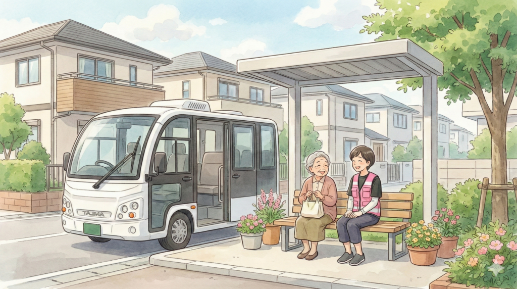 新磯地区グリスロ（グリーン・スロー・モビリティ）の特徴：運賃無料・事前予約制（デマンド運行）・時速20km未満の環境にやさしい電動車