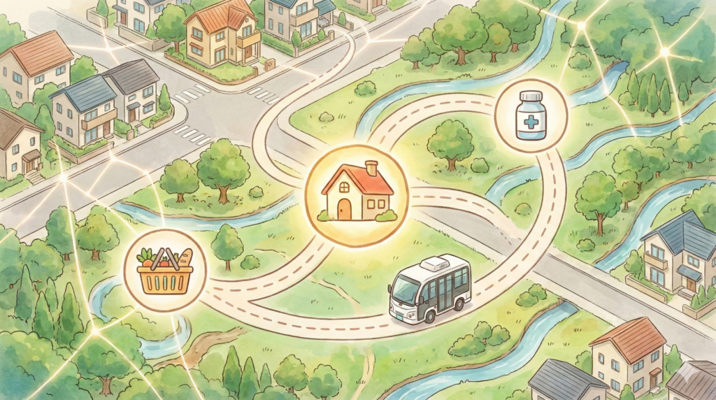 相模原市南区新磯地区のグリスロ運行エリアマップ(主な目的地:病院・買物施設・バス停へのルート図)